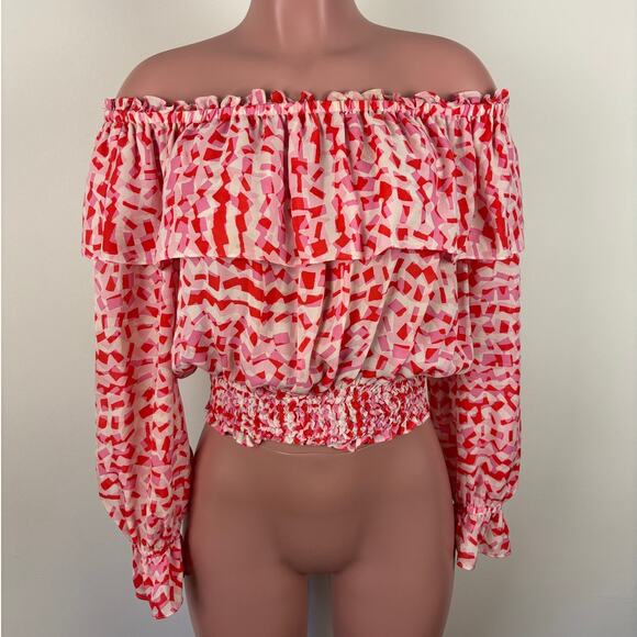 Michael Michael Kors Silk Ruffle Blouse size P/ XS off-shoulder pink red *flaw - Picture 1 of 11